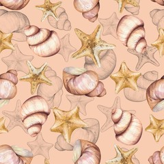 Marine pattern with shells. Seamless pattern. Watercolor illustration. Handmade drawing.