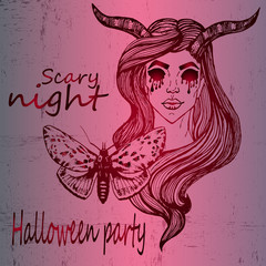 Creative poster on the holiday of Halloween - witch with horns without eyes, butterfly mahaon on red neon background. Grunge texture. Halloween party.