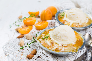 Apricot crumble with vanilla ice cream