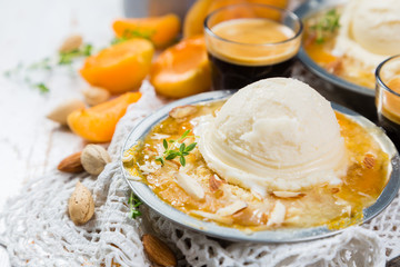 Apricot crumble with vanilla ice cream