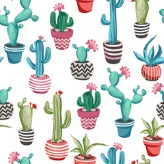 Behang Planten in pot Cactussen bloemen naadloos patroon.