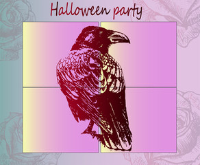 Art poster Halloween party - ready to print. Gothic style - sitting a dark red raven looks into the distance. Beautiful vintage background.