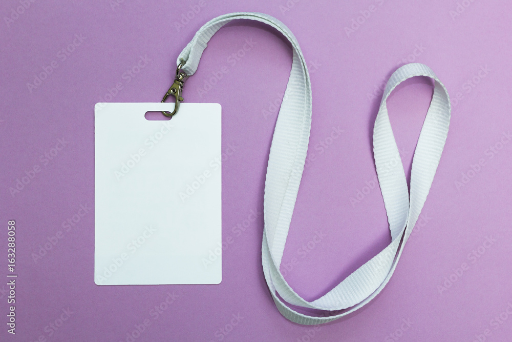 Poster blank badge mockup isolated on purple. plain empty name tag with string.