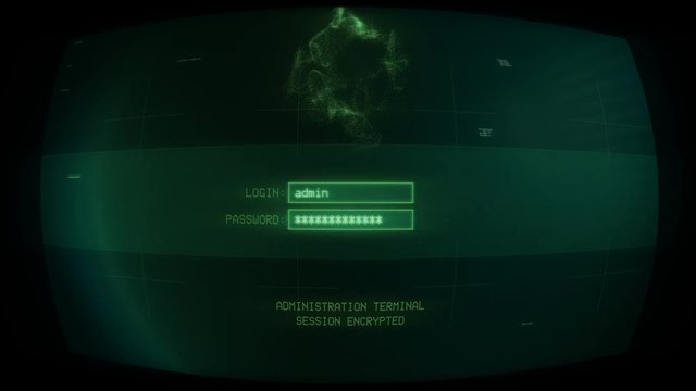 Hacker attempting login at administrator terminal, cybercrime, retro CRT screen. Failed attempt to hack the system, access denied

