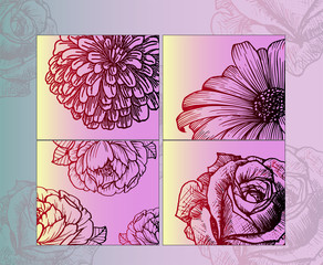 Vintage floral background - luxury set of flowers, close-up. Ready to print poster. Botany is the study of flowers. Detailed sketch of flower buds: rose, chrysanthemum, chamomile, peony