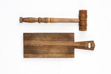 Chopping board and wooden hammer
