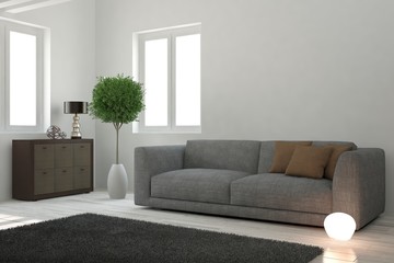 White modern room with sofa. Scandinavian interior design. 3D illustration