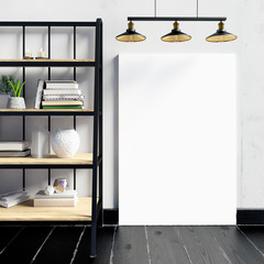 3d illustration, modern interior with rack, poster and lamp. poster mock up