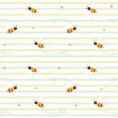 Summer seamless pattern with flying bees on stripped green background.