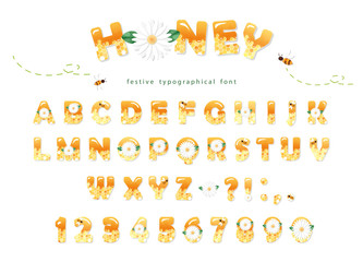 Honey font design. Glossy sweet ABC letters and numbers isolated on white.