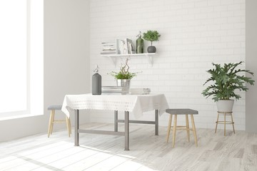 Fototapeta na wymiar White modern dinner room. Scandinavian interior design. 3D illustration