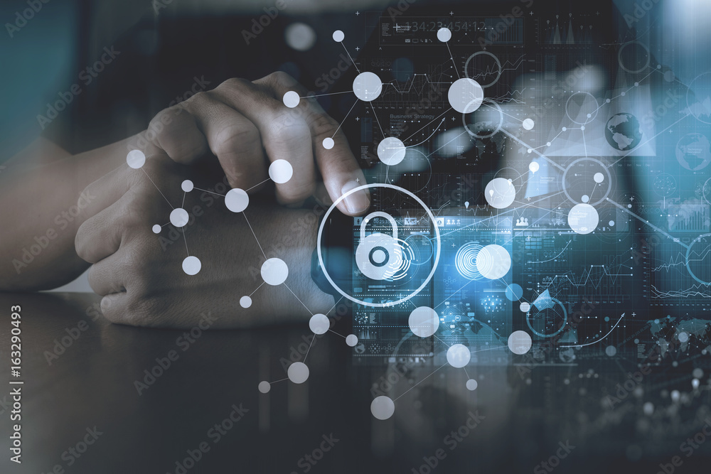 Poster cyber security internet and networking concept.businessman hand working with vr screen padlock icon 