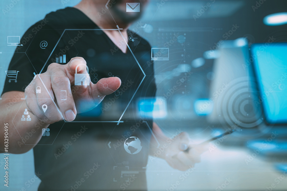 Poster cyber security internet and networking concept.businessman hand working with vr screen padlock icon 