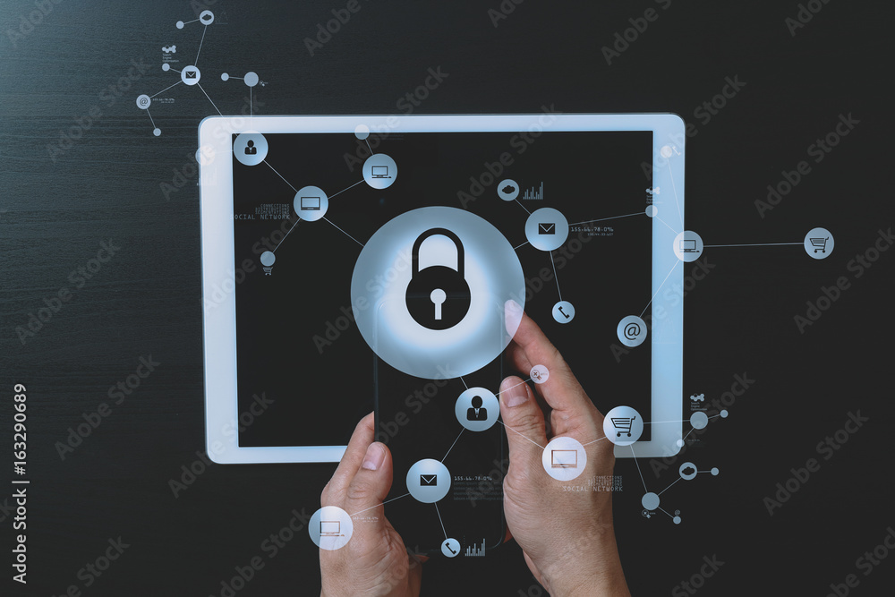 Poster cyber security internet and networking concept.businessman hand working with vr screen padlock icon 