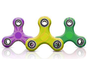 Fidget finger spinner. Hand spinner tricks. Modern relaxation rotating toys. 3D illustration on white background.