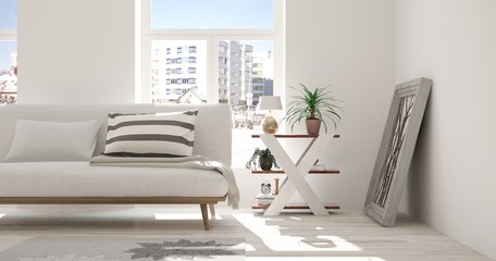 White room with sofa and urban landscape in window. Scandinavian interior design. 3D illustration