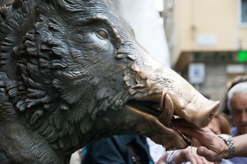 People put a coin in the mouth of bronze boar fountain at Il Mercato Nuovo or the New Market,...