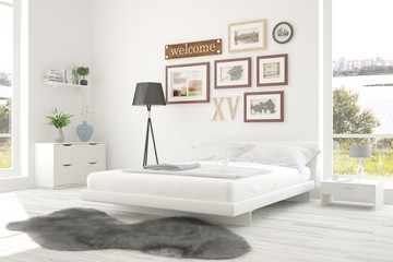 White bedroom with green landscape in window. Scandinavian interior design. 3D illustration