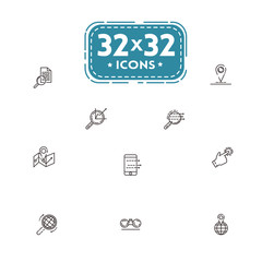 Set of vector illustrations fine line icons, concept of data analysis, traffic, search of information. 32x32 pixel perfect
