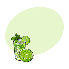 Lime slice and glass of freshly squeezed juice with ice and straw, sketch style vector illustration with space for text. Hand drawn glass of lime cocktail with ice and grapefruit slice
