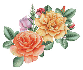 Hand painted watercolor charming combination of Flowers and Leaves, isolated on white background