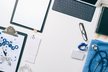 top view of doctor workspace desk