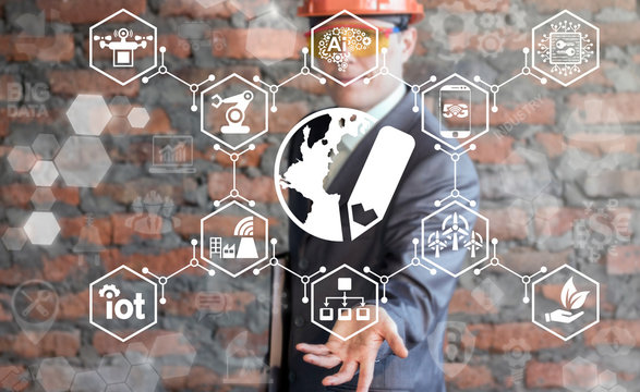 Global Agile Development Industry 4.0. Business man offers earth globe pencil icon on virtual screen. Methodology developers information Industrial IT Integration. World Planet pen 