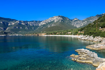 Fototapeta premium Morning summer seascape greek village Kiparissi, Lakonia.