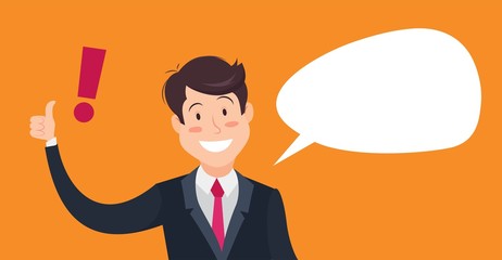 Smiling businessman with exclamation mark and speech bubble. Cartoon vector illustration of  winking businessman showing thumbs up