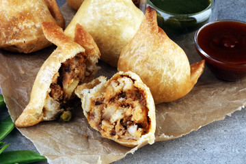 Indian special traditional street food punjabi samosa or Coxinha, Croquete and other Fried Brazilian Snacks