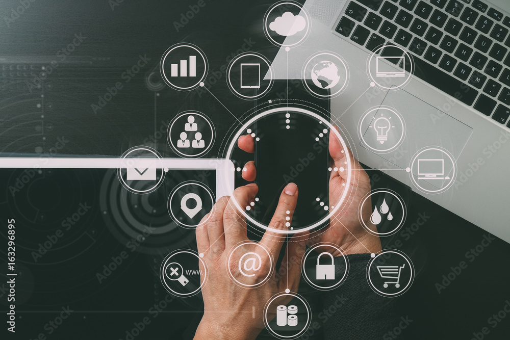Poster cyber security internet and networking concept.Businessman hand working with VR screen padlock icon mobile phone on computer background
