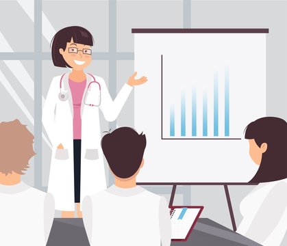 Young cheerful female doctor delivering a presentation to her colleagues. Medical workers in conference room. Vector illustration