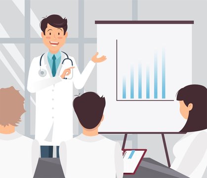 Young cheerful doctor delivering a presentation to his team colleagues. Medical workers in conference room. Vector illustration