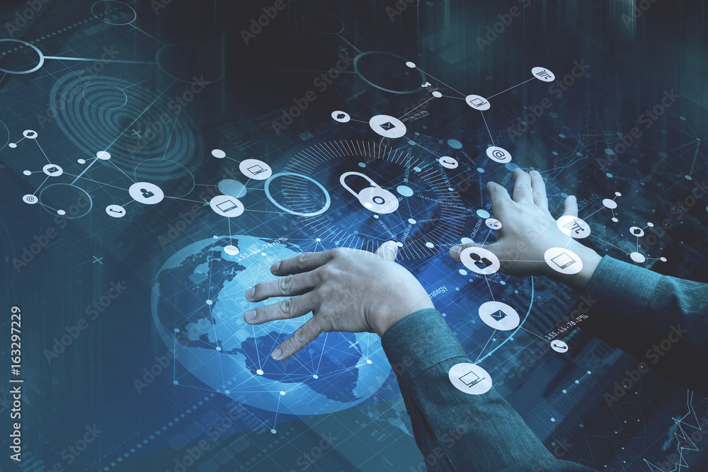 Poster cyber security internet and networking concept.businessman hand working with vr screen padlock icon 