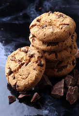 Chocolate cookies on marble table. Chocolate chip cookies shot