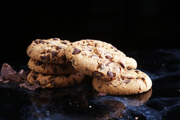 Chocolate cookies on marble table. Chocolate chip cookies shot