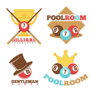 Billiard pool club poolroom vector labels templates set