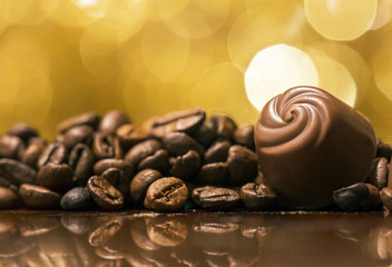 Endorphin, caffeine concept - chocolate and coffee beans background