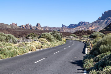 Lava rocks and road to the volcano Teide on Tenerife