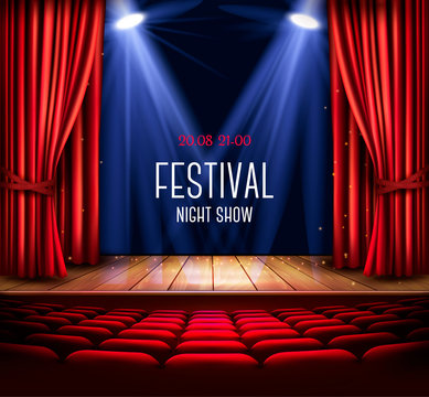 A theater stage with a red curtain and a spotlight. Festival night show poster. Vector.