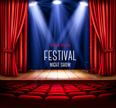 Background with a red curtain and a spotlight. Festival night show poster. Vector.
