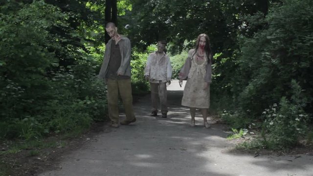 Zombies are walking through an abandoned village.