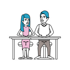 silhouette color sections of teamwork of woman and man sitting in desk and her with long hair and straight and him in casual clothes vector illustration