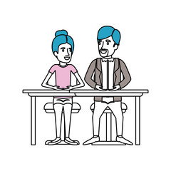 silhouette color sections of teamwork of woman and man sitting in desk and her with collected hair and him in casual clothes with van dyke beard vector illustration