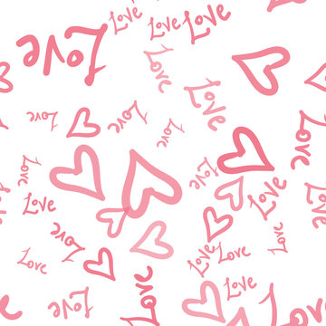 Pink hearts vector seamless pattern with hand painted words love. Valentines day wrapping paper or wedding invitation card background in pink and white color