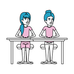 silhouette color sections of women sitting in desk one with collected hair and the other with ponytail hairstyle vector illustration