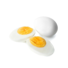 Hard boiled eggs on white background. Nutrition concept