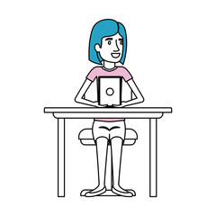 silhouette color sections of woman with short hair and sitting in chair in desktop with device tech vector illustration
