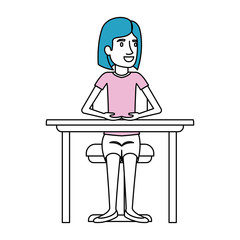 silhouette color sections of woman with short hair and sitting in chair in desktop vector illustration