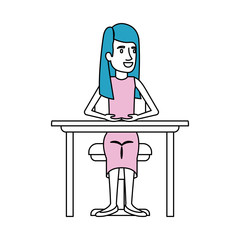 silhouette color sections of woman with long straight hair in dress and sitting in chair in desktop vector illustration